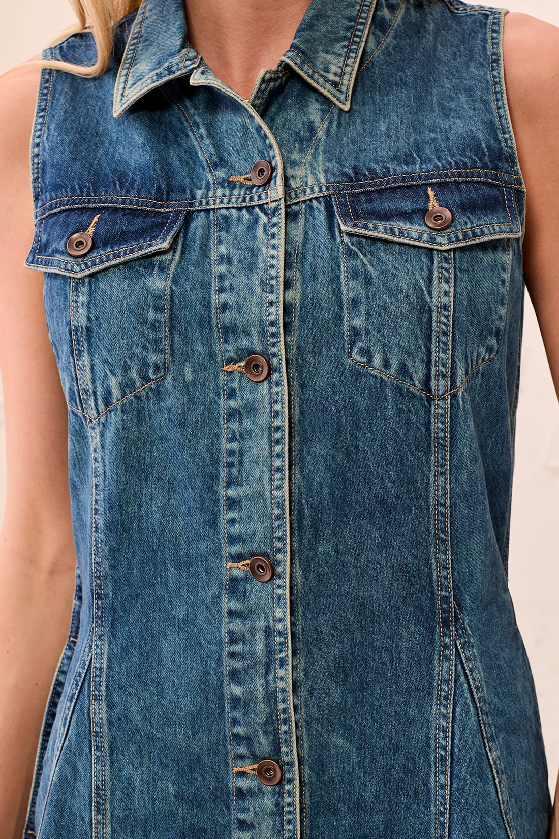 Tribal Fit and Flare Front Collared Denim Dress